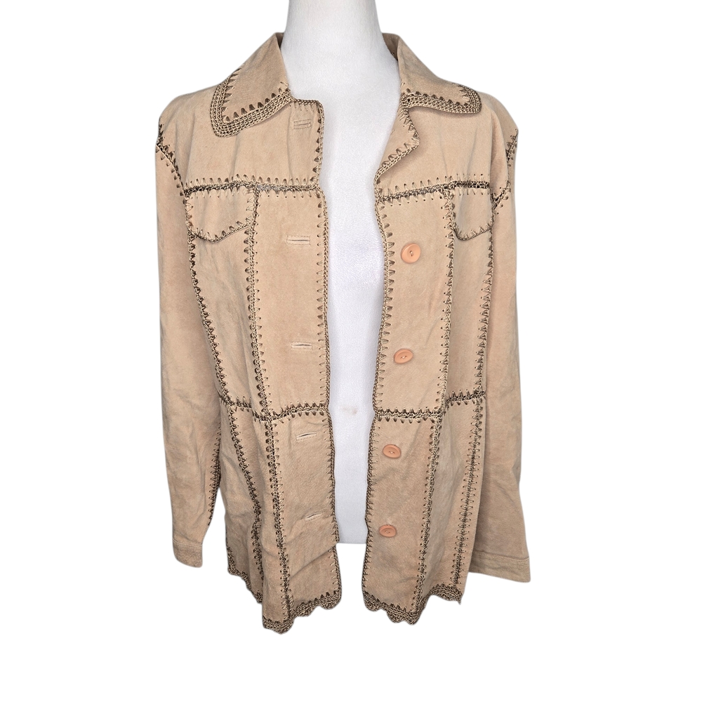 Women's Leather Patchwork Jacket Crochet Flowers … - image 4